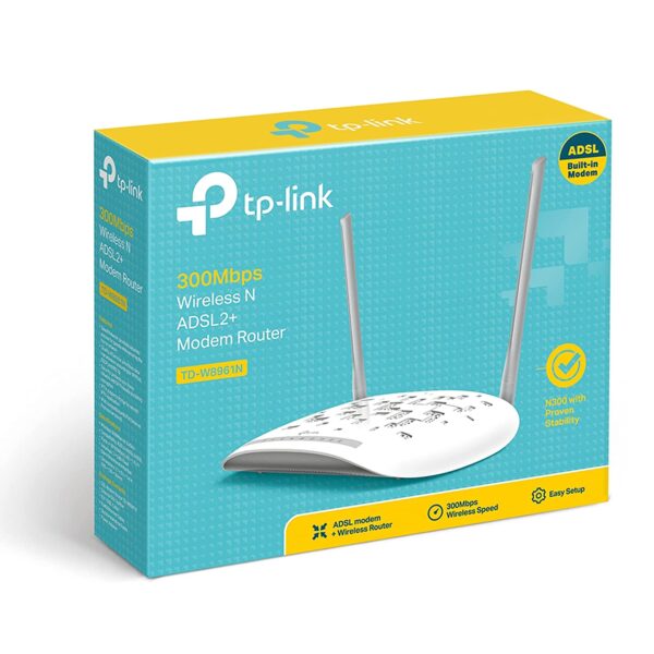 4-36-1.jpg TP-LINK TD-W8961N 300 MbpsWireless N300 ADSL2+ Wi-Fi Modem Router, 2x 5dBi Omni directional Fixed antennas, Input ISPs supported- BSNL, MTNL, Tata Indicom (RJ-11 Port), Dual band , White