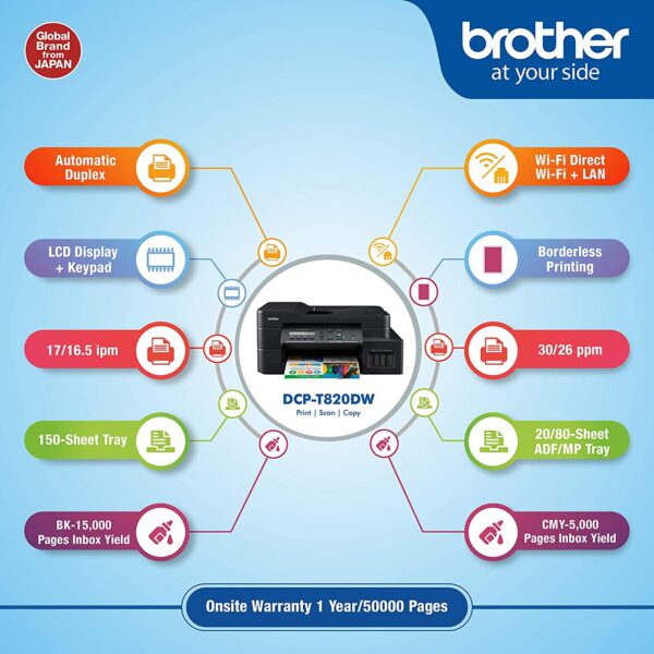Brother DCP-T820DW - Wi-Fi & Auto Duplex Color Ink Tank Multifunction (Print, Scan & Copy) All in One Printer for Home & Office
